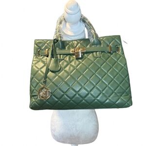 Bagley Mischka Quilted Weekender Tote Bag Green Vegan Diamond Pattern NWT